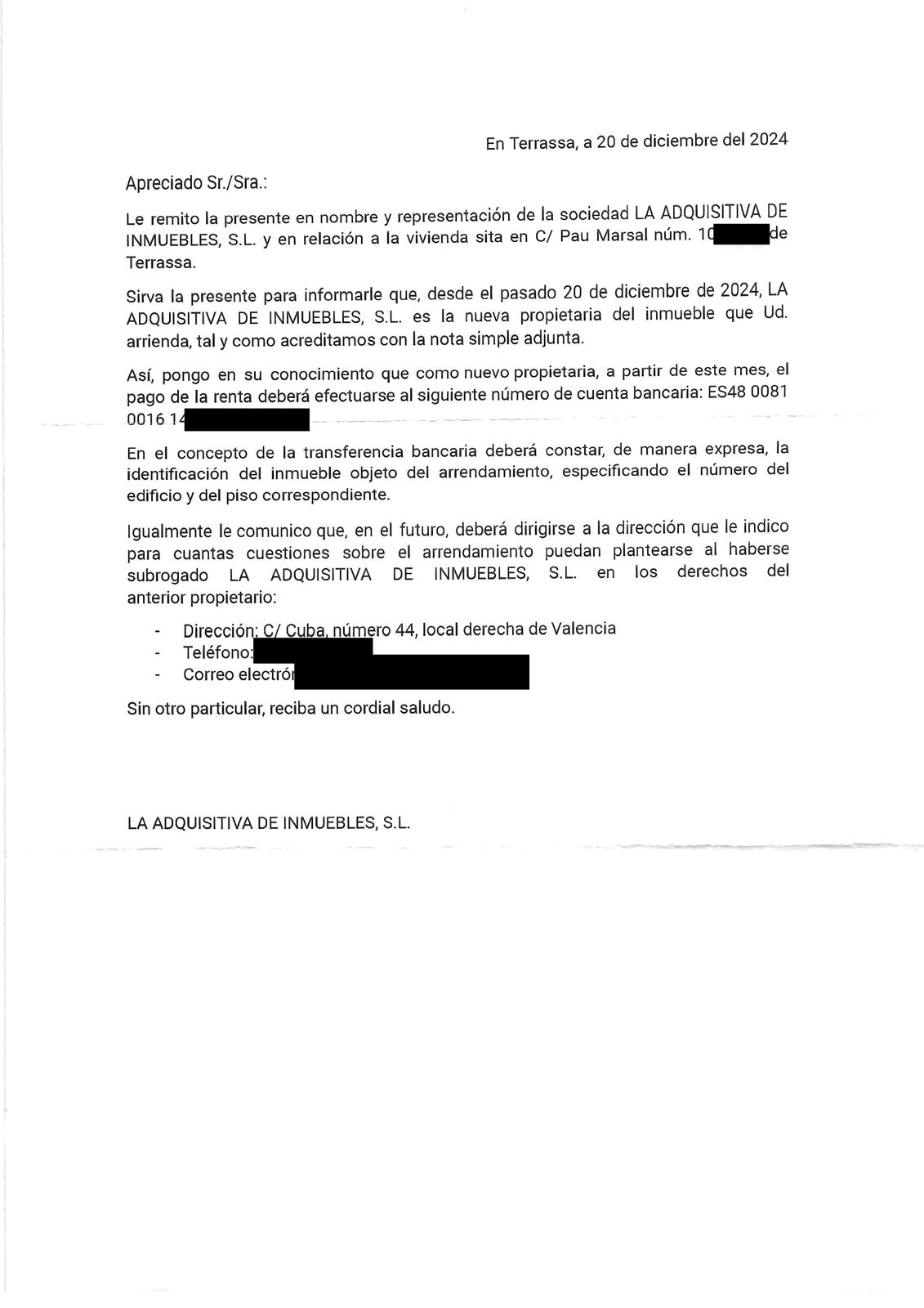 Carta de La Adquisitiva de Inmuebles SL (datos personales y cuenta difuminados)