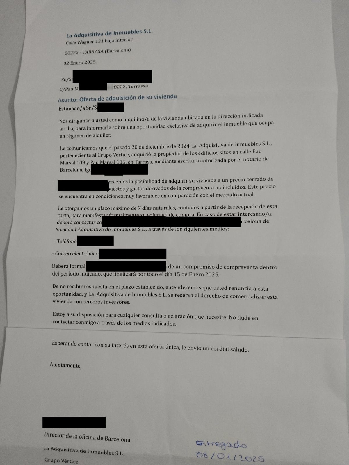 Carta de oferta de compra (datos personales e importe omitidos)