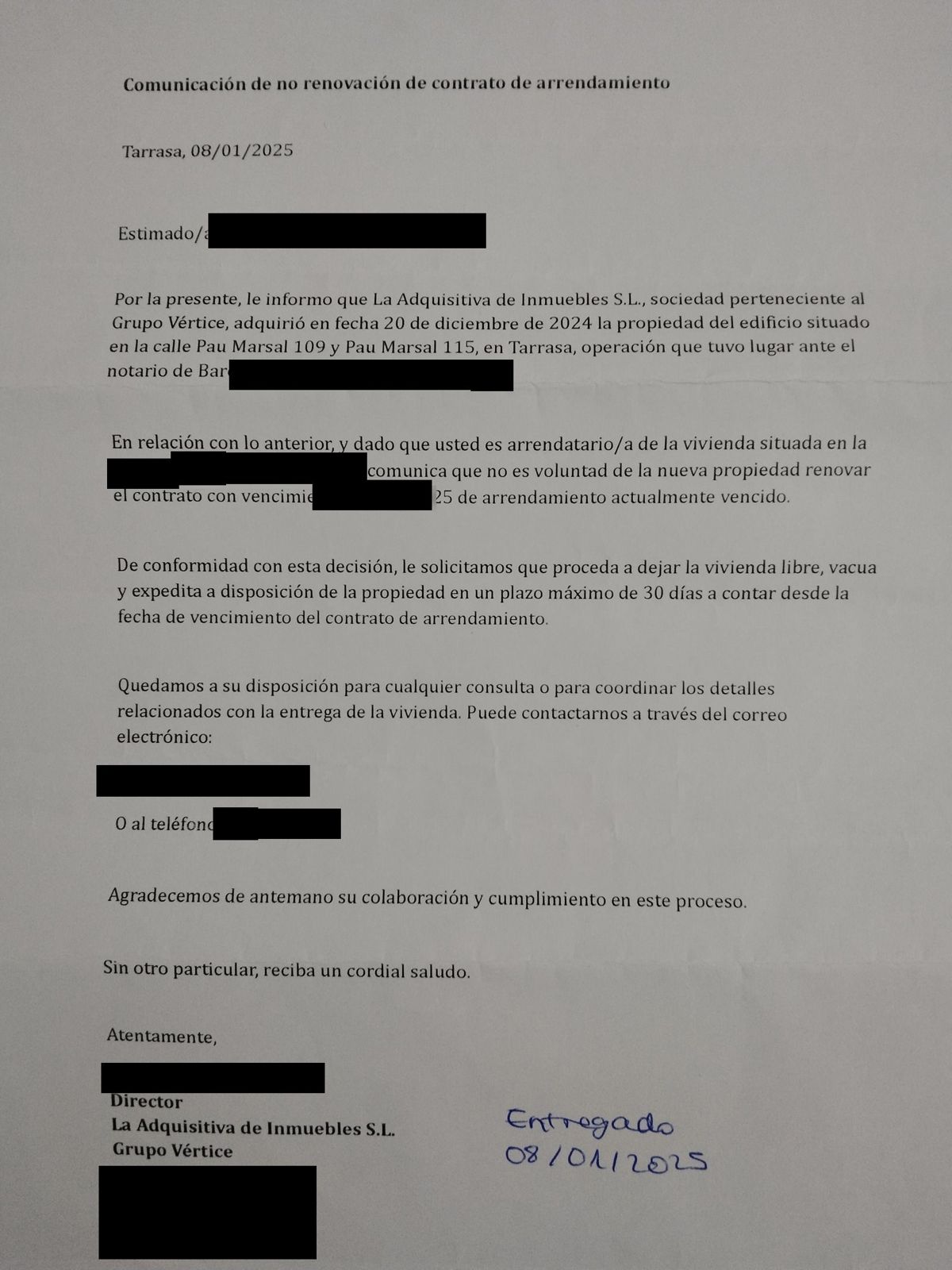 Comunicación de no renovación del contrato (datos personales y firma difuminados)