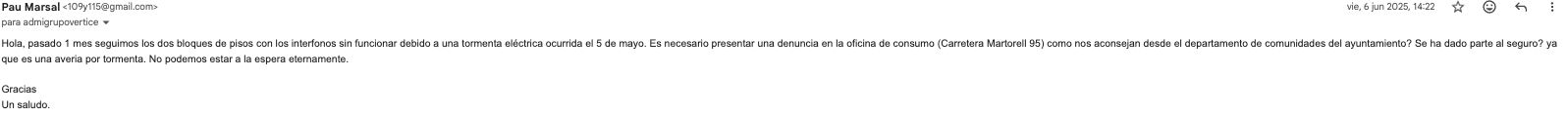 Correo de los vecinos reclamando la reparación del interfono