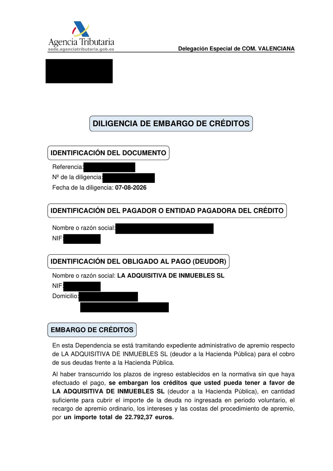 Diligencia de embargo de créditos de la AEAT (datos identificativos tapados)